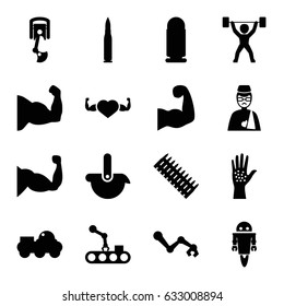 Arm icons set. set of 16 arm filled icons such as muscle, heart with muscles, power lifter, robot, bullet