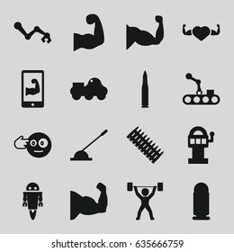 Arm icons set. set of 16 arm filled icons such as head bang emot, muscle, heart with muscles, power lifter, robot, bullet, ammo