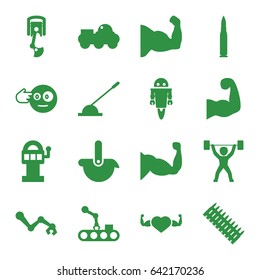 Arm icons set. set of 16 arm filled icons such as head bang emot, muscle, heart with muscles, power lifter, robot, bullet, ammo