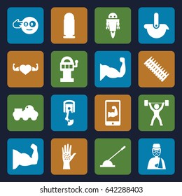 Arm icons set. set of 16 arm filled icons such as head bang emot, muscle, heart with muscles, power lifter, robot, bullet, ammo