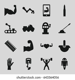 Arm icons set. set of 16 arm filled icons such as muscle, heart with muscles, power lifter, robot, bullet, ammo