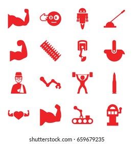 Arm icons set. set of 16 arm filled icons such as head bang emot, muscle, heart with muscles, power lifter, robot, bullet, ammo