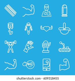 Arm icons set. set of 16 arm outline icons such as muscle, heart with muscles, robot, bullet, ammo, power lifter, head bang emot