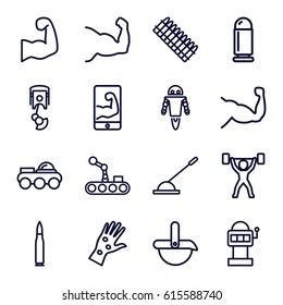 Arm icons set. set of 16 arm outline icons such as muscle, robot, bullet, ammo, power lifter