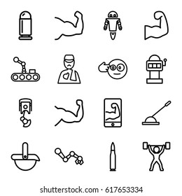 Arm icons set. set of 16 arm outline icons such as muscle, robot, bullet, power lifter, head bang emot