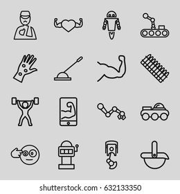 Arm icons set. set of 16 arm outline icons such as muscle, heart with muscles, robot, ammo, power lifter, head bang emot