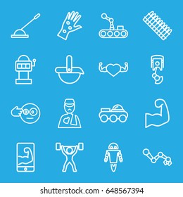 Arm icons set. set of 16 arm outline icons such as heart with muscles, robot, ammo, power lifter, head bang emot