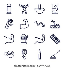 Arm icons set. set of 16 arm outline icons such as muscle, robot, bullet, ammo, power lifter, head bang emot