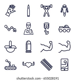 Arm icons set. set of 16 arm outline icons such as muscle, heart with muscles, robot, bullet, ammo