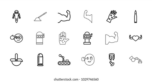 Arm icons. set of 18 editable outline arm icons: head bang emot, slot machine, heart with muscles, robot, bullet