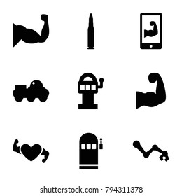 Arm icons. set of 9 editable filled arm icons such as slot machine, muscle, robot, bullet