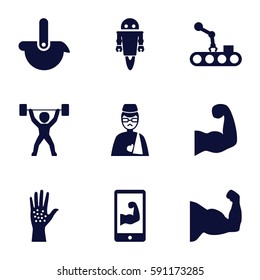 arm icons set. Set of 9 arm filled icons such as power lifter