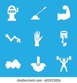 arm icons set. Set of 9 arm filled icons such as power lifter, robot