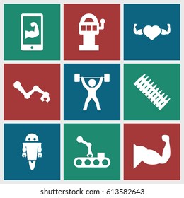 Arm icons set. set of 9 arm filled icons such as muscle, heart with muscles, power lifter, robot, ammo