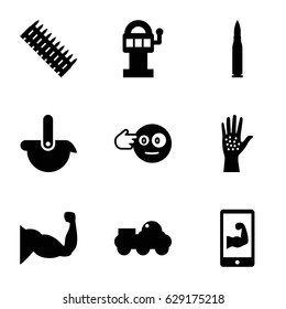 Arm icons set. set of 9 arm filled icons such as head bang emot, muscle, robot, bullet, ammo