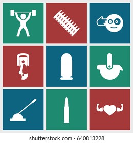 Arm icons set. set of 9 arm filled icons such as head bang emot, heart with muscles, power lifter, robot, bullet