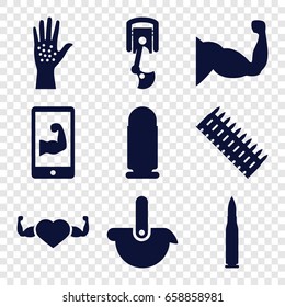 Arm icons set. set of 9 arm filled icons such as muscle, heart with muscles, robot, bullet