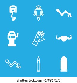 Arm icons set. set of 9 arm filled and outline icons such as heart with muscles, bullet, robot