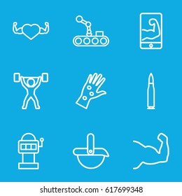 Arm icons set. set of 9 arm outline icons such as heart with muscles, robot, bullet, power lifter
