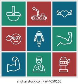Arm icons set. set of 9 arm outline icons such as muscle, heart with muscles, robot, head bang emot