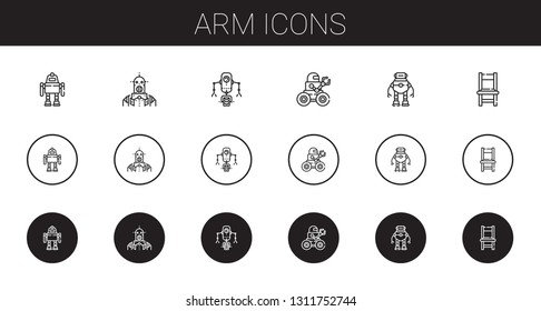 arm icons set. Collection of arm with robot, chair. Editable and scalable arm icons.