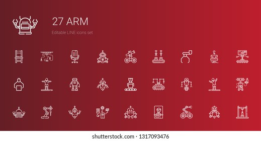 arm icons set. Collection of arm with robot, skeleton, industrial robot, stretching, chair. Editable and scalable arm icons.