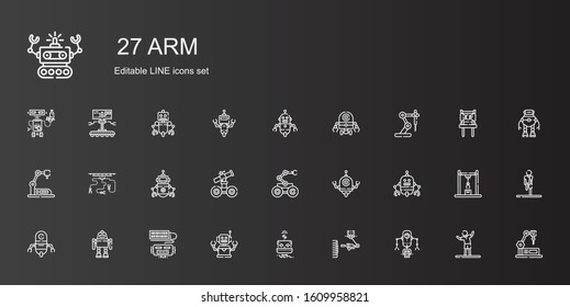 arm icons set. Collection of arm with robot, industrial robot, stretching, chair. Editable and scalable arm icons.