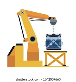 arm industrial machine holding a car motor over white background, vector illustration