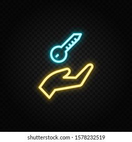 arm, key, home neon icon. Blue and yellow neon vector icon.