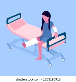 Arm And Leg Bone Fractures With Gypsum Or Orthopedic Cast. Temporarily Disabled Sad Child With Broken Limbs With Bandage. Unhappy Injured Girl Is Sitting On Hospital Bed.Accident, Ankle Sprain