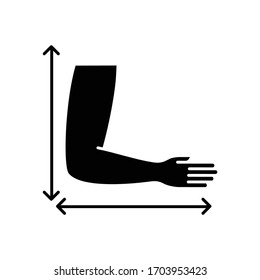 Arm length black glyph icon. Bespoke clothing making, tailoring silhouette symbol on white space. Measuring length from shoulder. Apparel sleeve dimension specification. Vector isolated illustration
