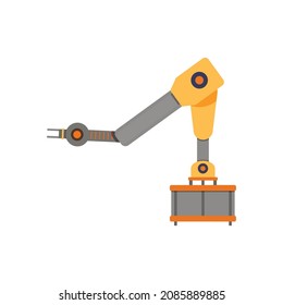 Arm mechanism to production conveyor belt. Robotic automated mechanic robot, industry production steel line electronic. Vector illustration