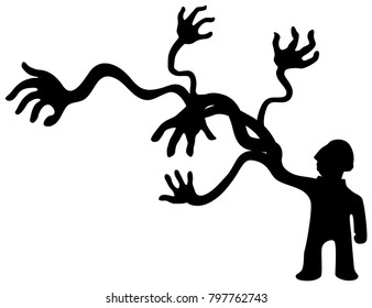 Arm multiply man figure black silhouette, vector illustration, horizontal, over white, isolated