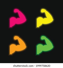Arm Muscles Silhouette four color glowing neon vector icon