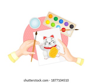 Arm Painting Beckoning Cat with Brush and Watercolour Vector Illustration