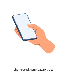 Arm of personage holding smartphone, isolated hand with gadget having blank screen. Touchscreen cell phone on users palm. Vector in flat cartoon style