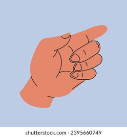 Arm of personage pointing with an index finger, isolated hand of man or woman showing in direction forward or side. Palm with lines, fingers and fingernails. Vector in flat style illustration