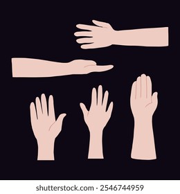Arm poses giving and taking on the dark background. Hands fingers hand drawn artwork. Design concept illustration about people, communication, friends, second hand, flea market, connection, humanity.