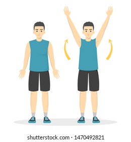 Arm raise exercise. Man in sport clothes doing warm-up before workout. Idea of fitness and healthy lifestyle. Isolated vector illustration in cartoon style