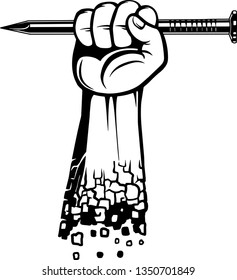 Arm Raised Up With Hand Holding Construction and Repair Hardware, Metal Nail