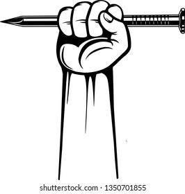 Arm Raised Up With Hand Holding Construction and Repair Hardware, Metal Nail