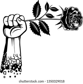 Arm Raised Up With Hand Holding Long Stem Rose With Petals And Thorns