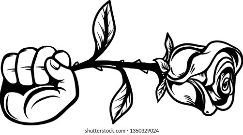 Arm Raised Up With Hand Holding Long Stem Rose With Petals And Thorns