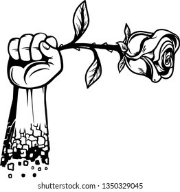 Arm Raised Up With Hand Holding Long Stem Rose With Pedals And Thorns