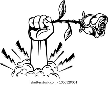 Arm Raised Up With Hand Holding Long Stem Rose With Petals And Thorns