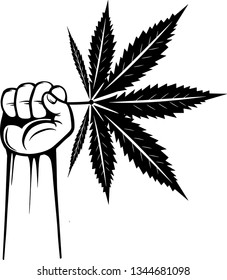 Arm Raised Up With Hand Holding Medical Marijuana Leaf