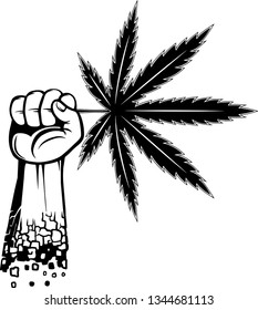 Arm Raised Up With Hand Holding Medical Marijuana Leaf