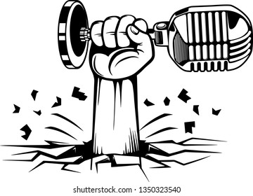 Arm Raised Up With Hand Holding Microphone For Media And Music Broadcasting 