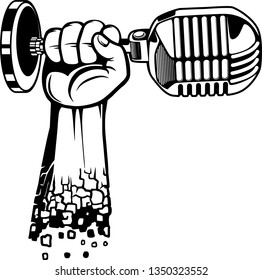 Arm Raised Up With Hand Holding Microphone For Media And Music Broadcasting 