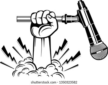 Arm Raised Up With Hand Holding Microphone For Media And Music Broadcasting 